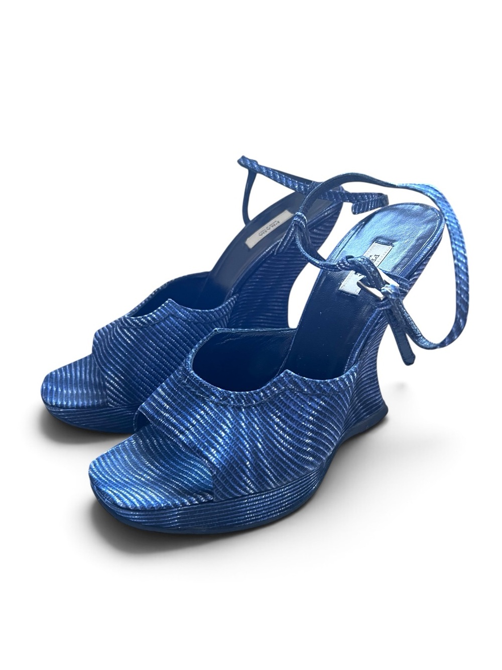 Prada Vintage Fall 2004 Runway Blue Wavy Striped Platform Wedge Sandals.